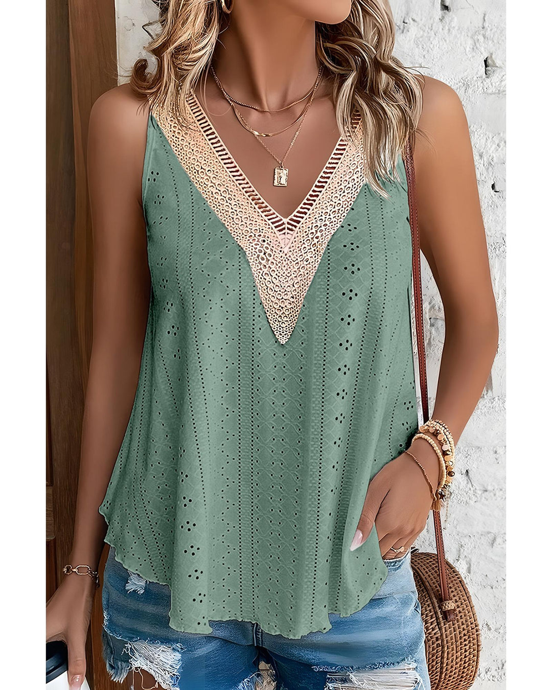 Mist Green Lace Crochet Splicing V Neck Loose Fit Tank Top - L