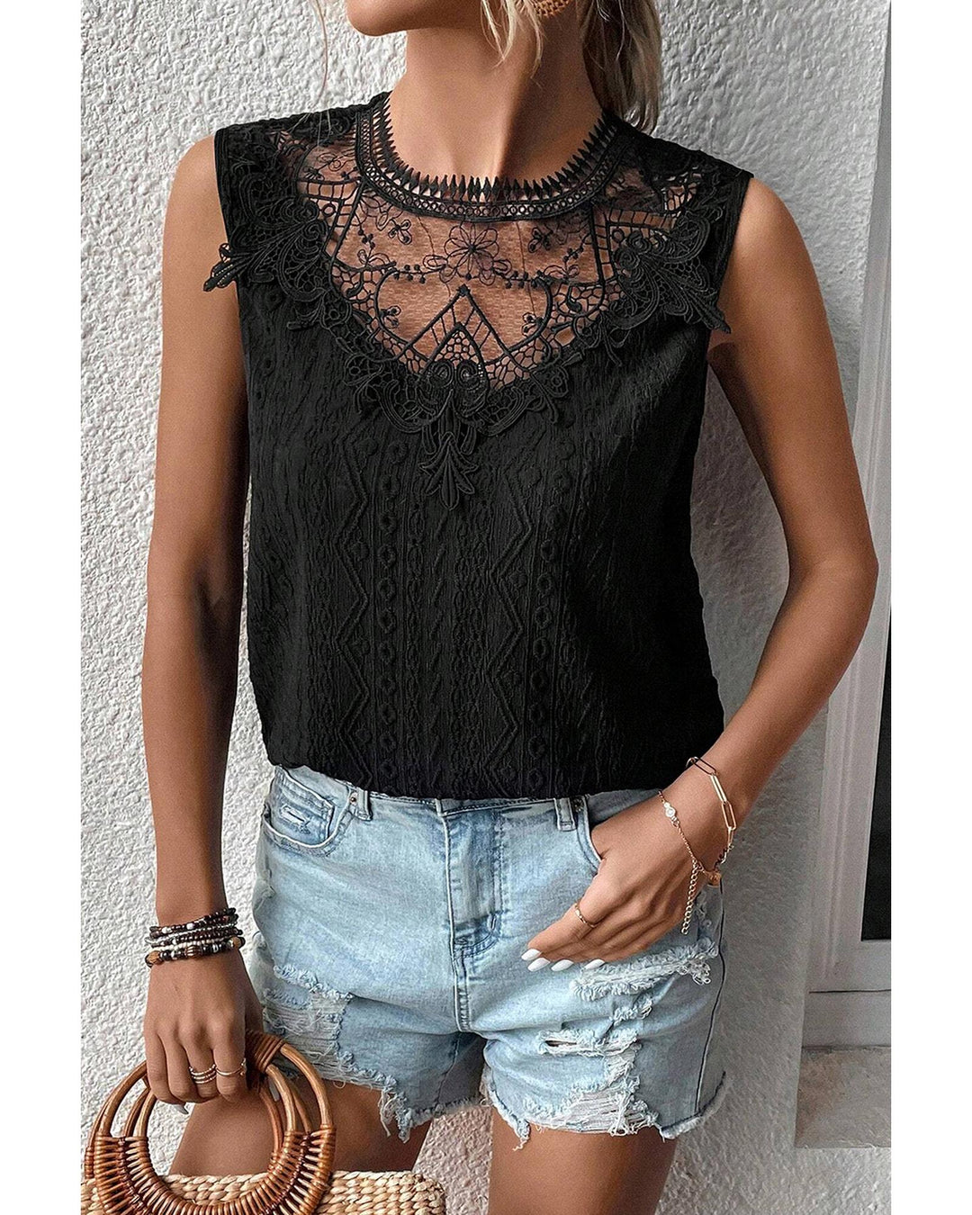 Black Guipure Lace Crochet Keyhole Back Tank Top - S