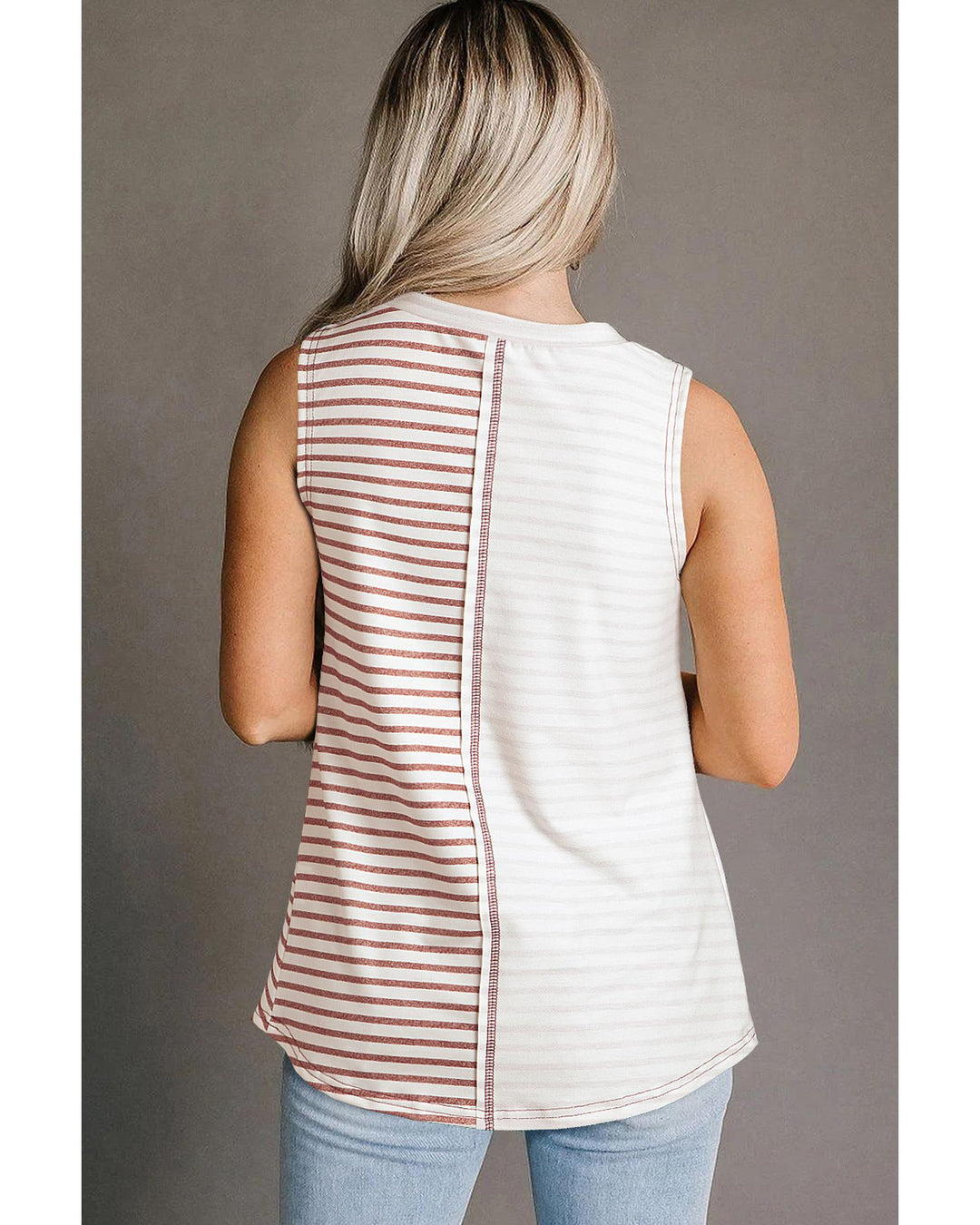 Brown Stripe Colorblock Loose Tank Top - M