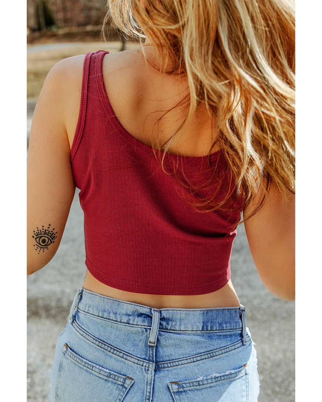 Racing Red Ribbed Knit Sheath Sleeveless Crop Top - L