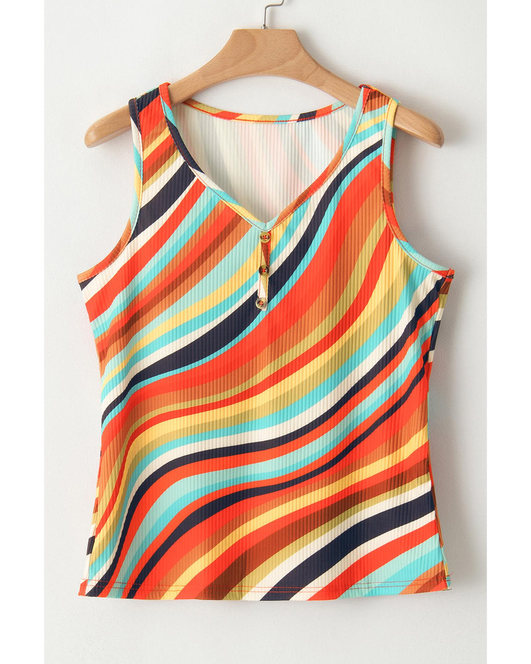 Multicolour Wavy Striped Buttoned V Neck Tank Top - M