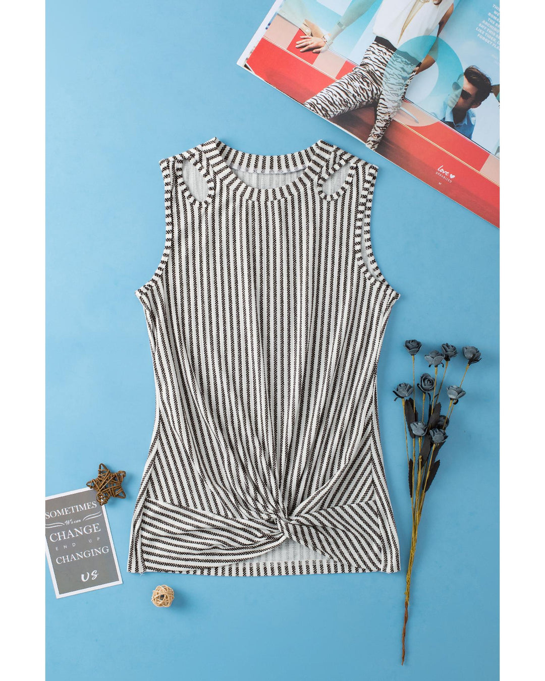 Gray Striped Cutout Twist Front Tank Top - S