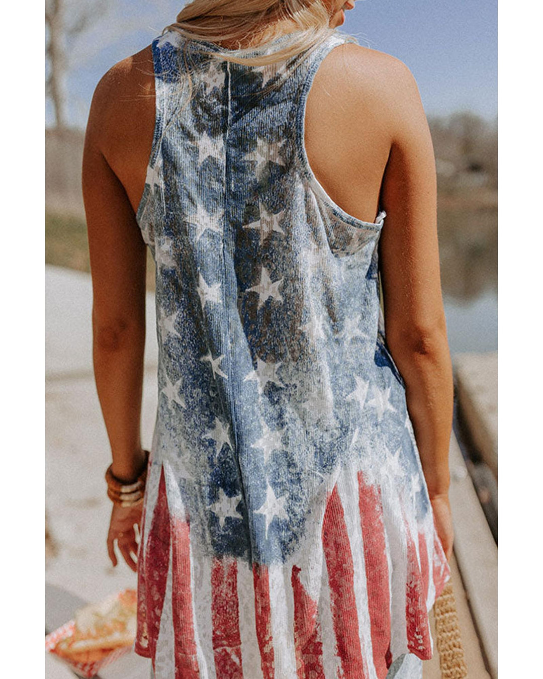 Blue Vintage Washed Flag Print Shift Tank Top - M