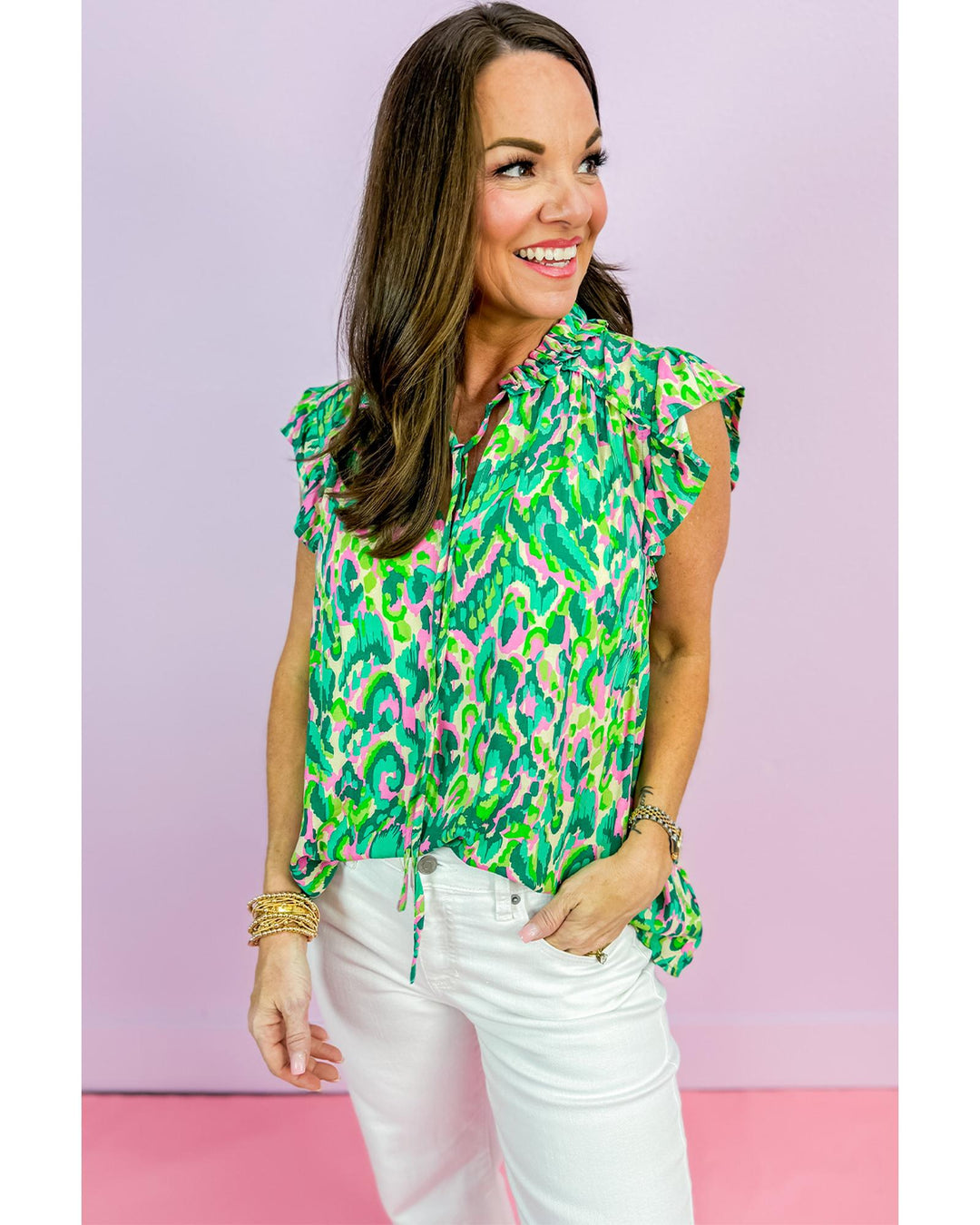 Green Abstract Print Ruffled Trim Tied Split Neck Tank Top - S
