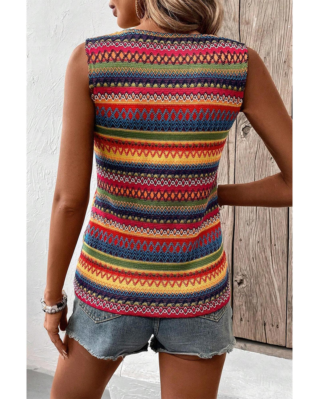 Yellow Ethnic Wavy Pattern Round Neck Sleeveless Top - S