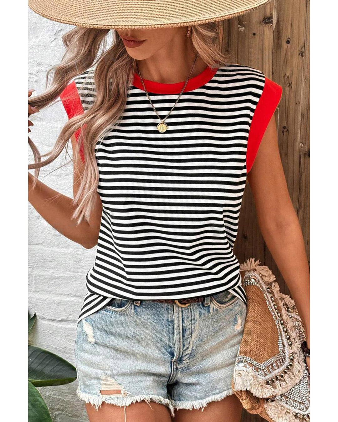 Black Stripe Colorblock Edge Round Neck Tank Top - XL