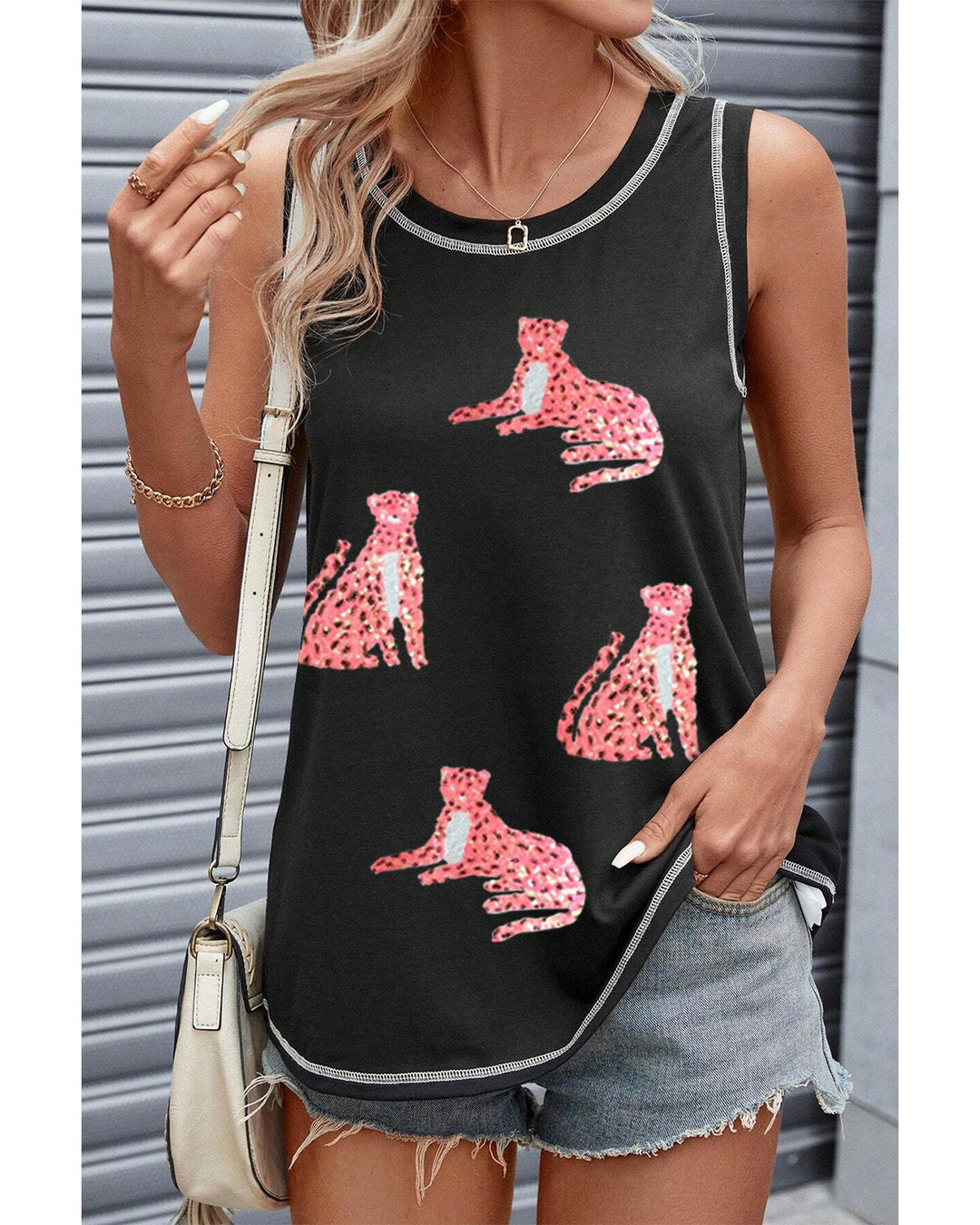 Black Sequin Cheetah Round Neck Stitching Loose Tank Top - M