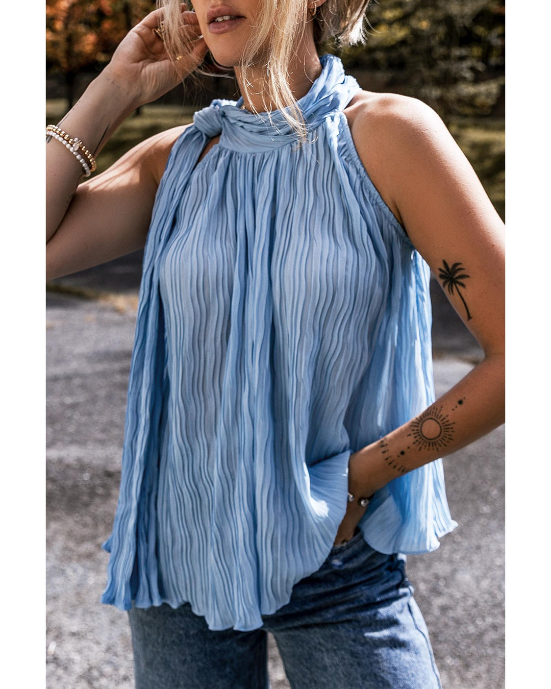 Myosotis Textured Pleated Tied Mock Neck  Flowy Tank Top - M