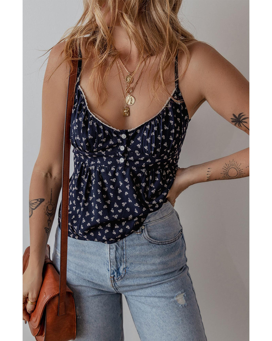 Blue Floral Print Spaghetti Strap Buttoned V Neck Tank Top - XL