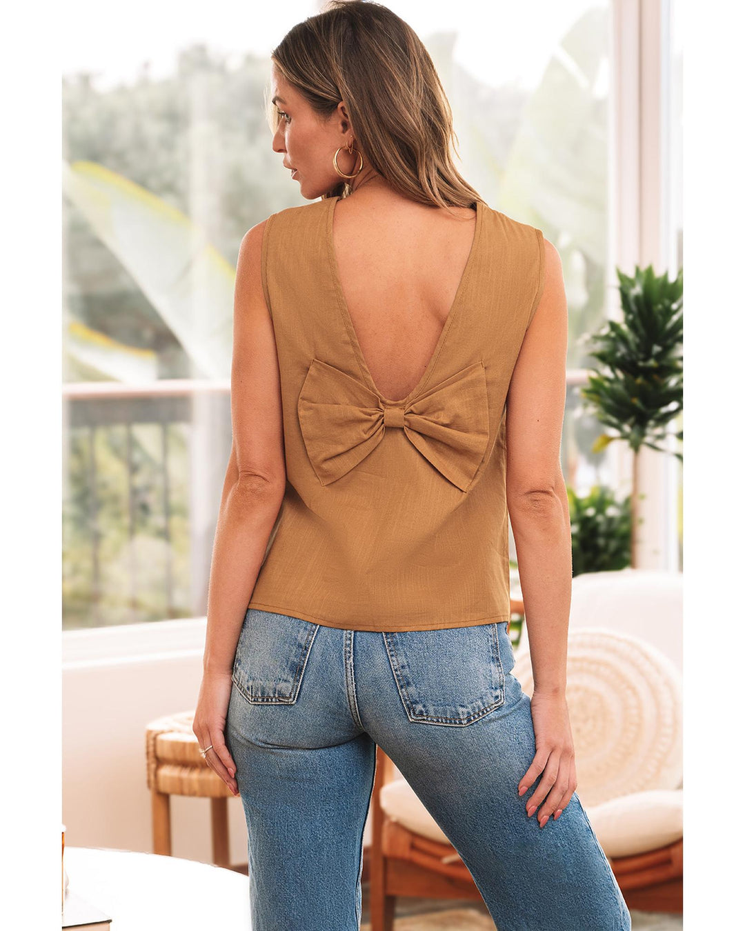 Desert Gold Bowknot V Cut Backless Cotton Tank Top - M