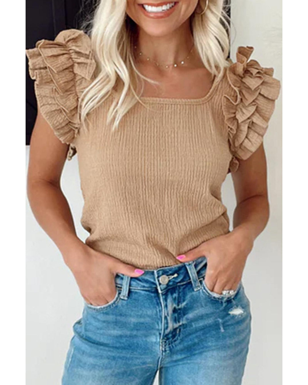 Smoke Gray Ruffled Tiered Sleeve Square Neck Textured Top - L