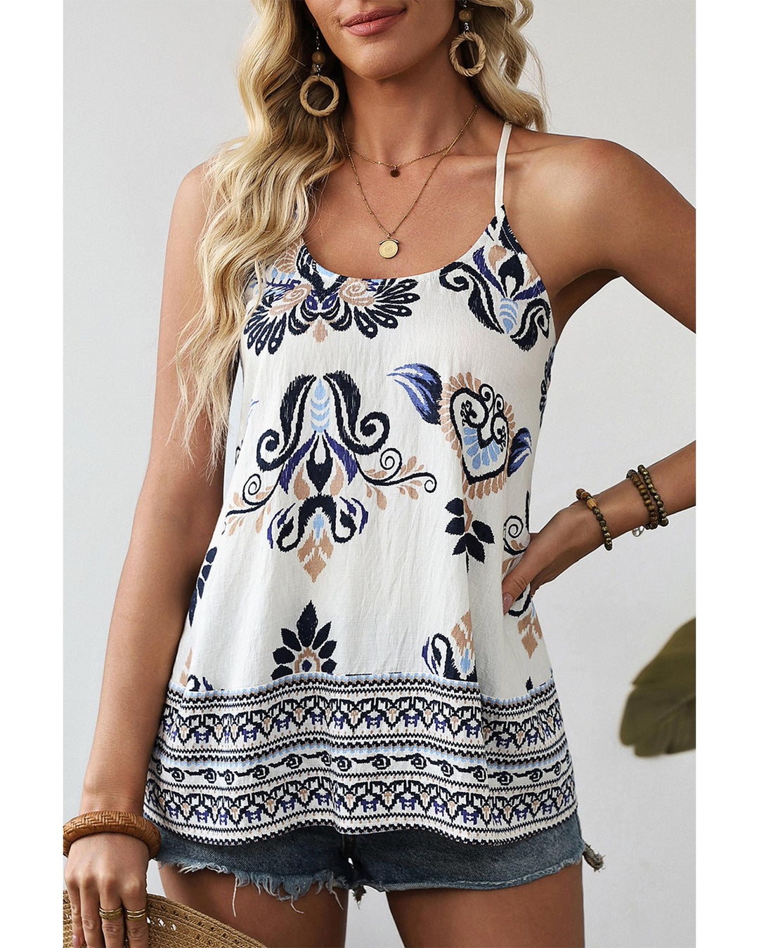 Blue Bohemian Fashion Print Spaghetti Straps Loose Tank - M