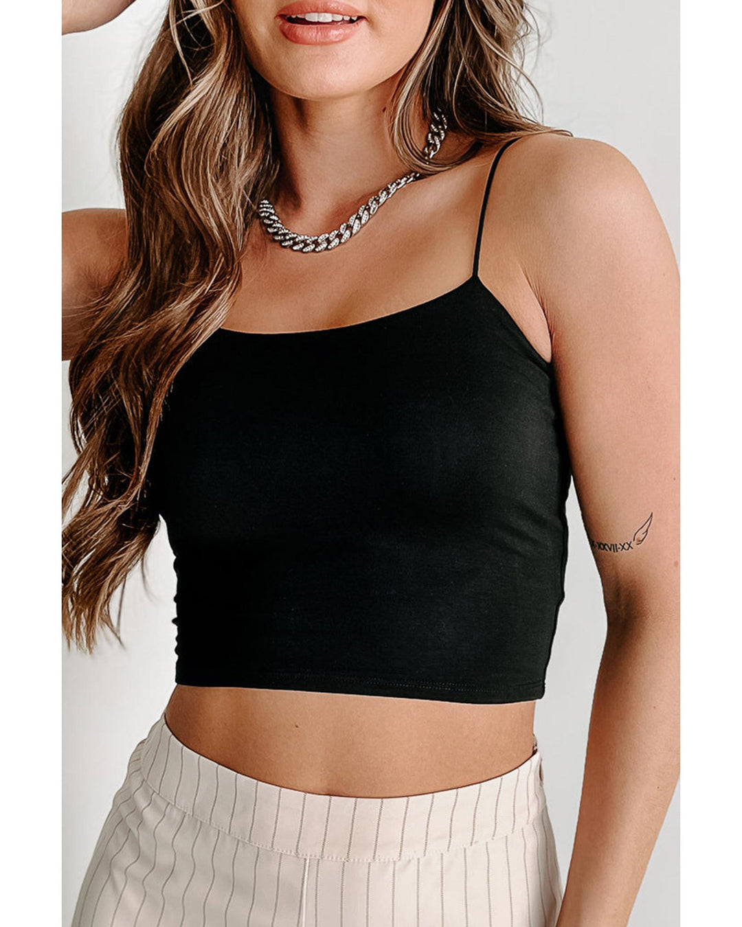 Black Spaghetti Strap Skinny Fit Cropped Tank Top - L