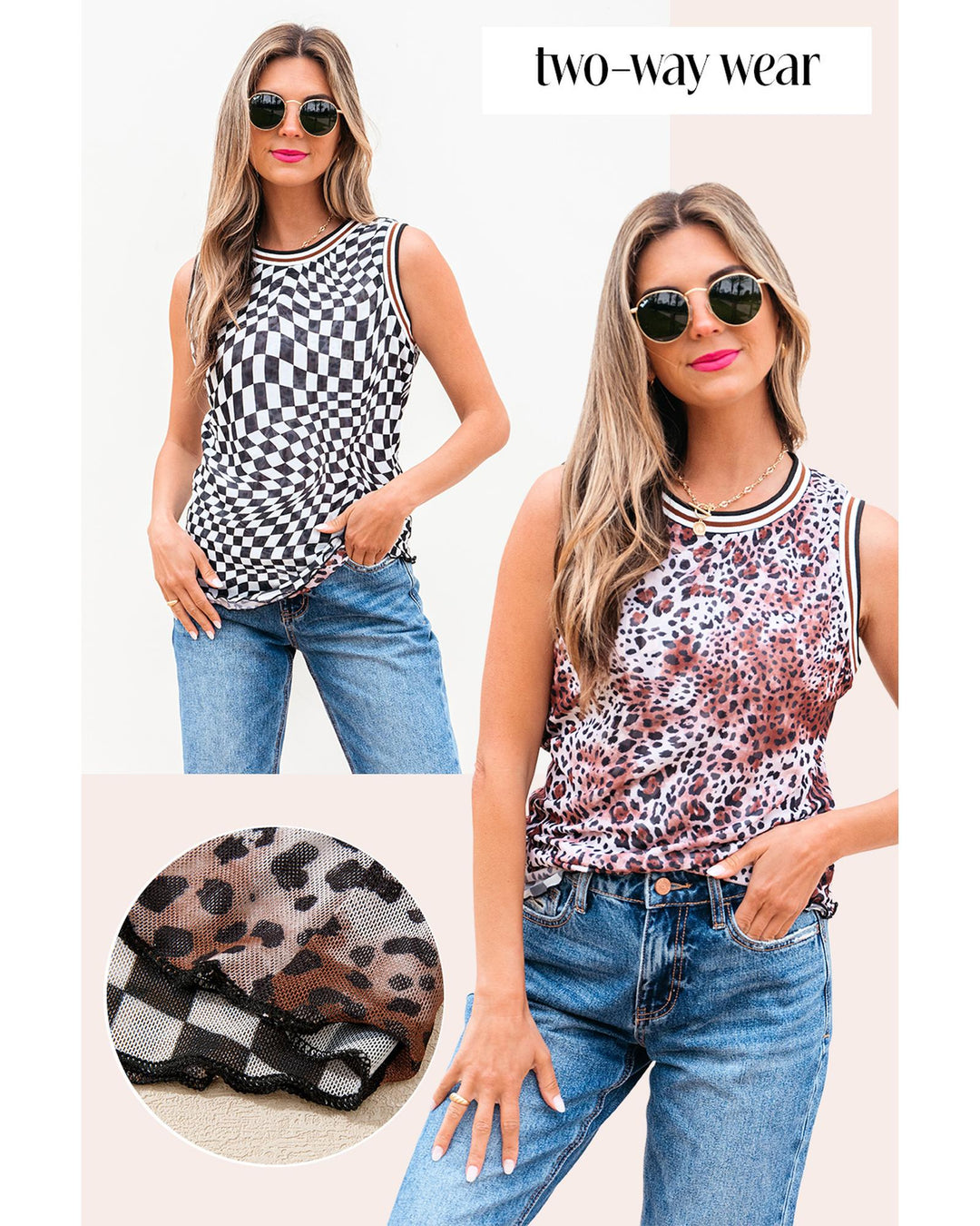 Multicolour Cheetah Checkered Dual Print Reversible Round Neck Mesh Tank Top - L