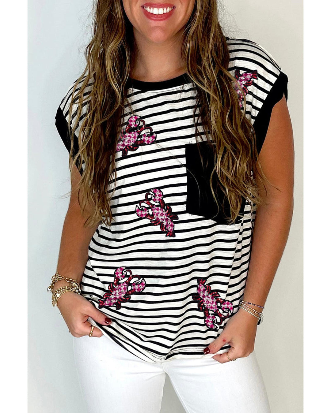 Black Stripe Sequined Lobster Patched Pocket Casual Tank Top - L