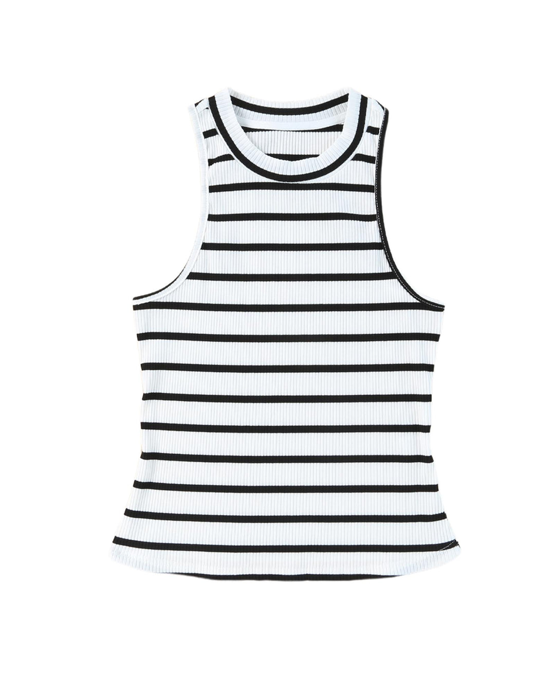 White Striped Print Ribbed O-neck Sleeveless Top - XL