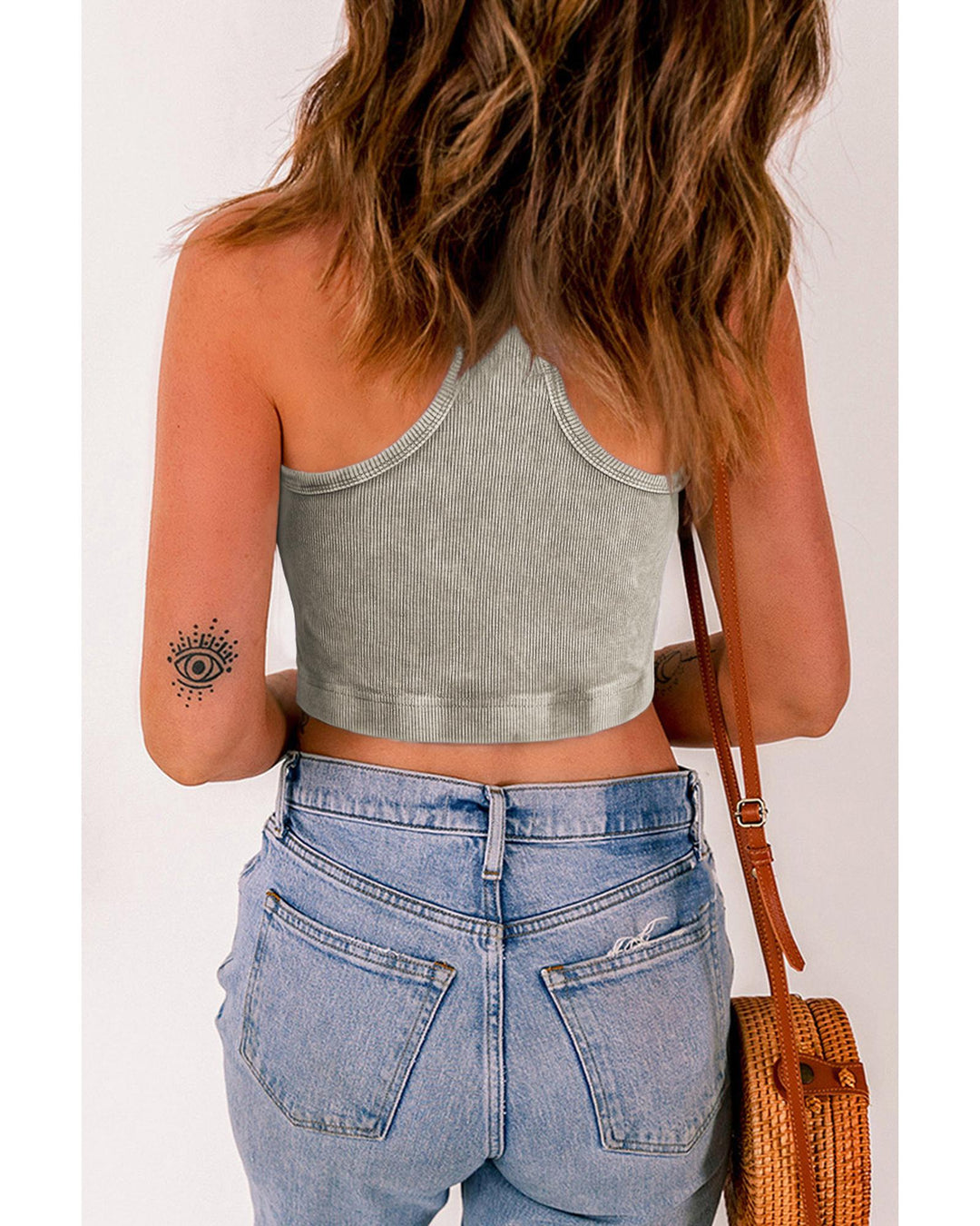 Light Grey Ribbed Mineral Wash Racerback Cropped Tank Top - L