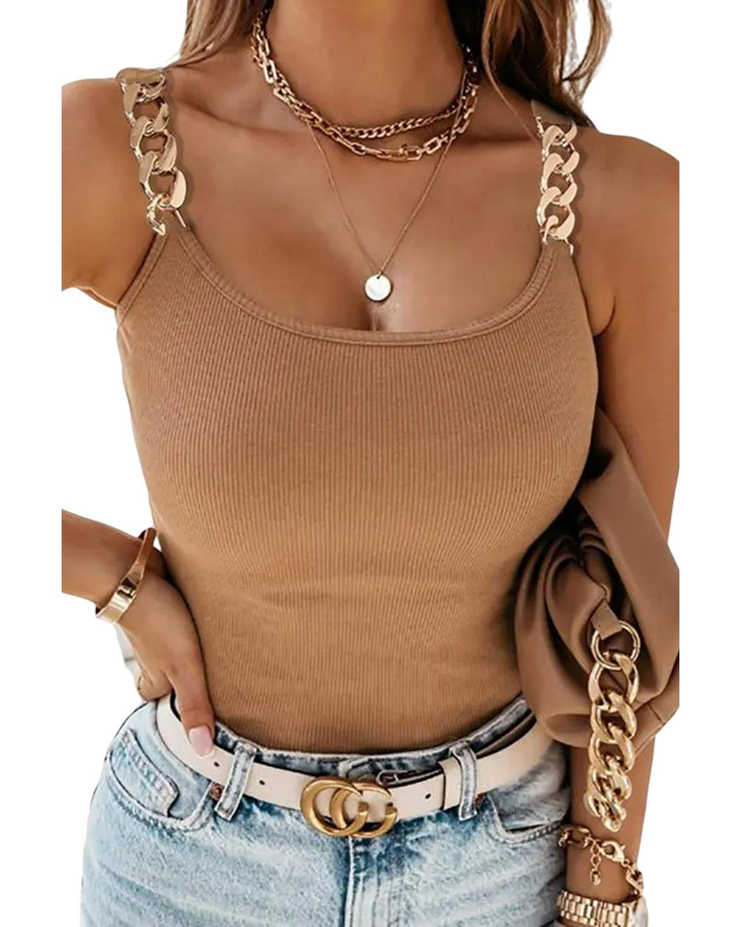 Brown Gold Chain Straps Rib Knit Tank Top - XL