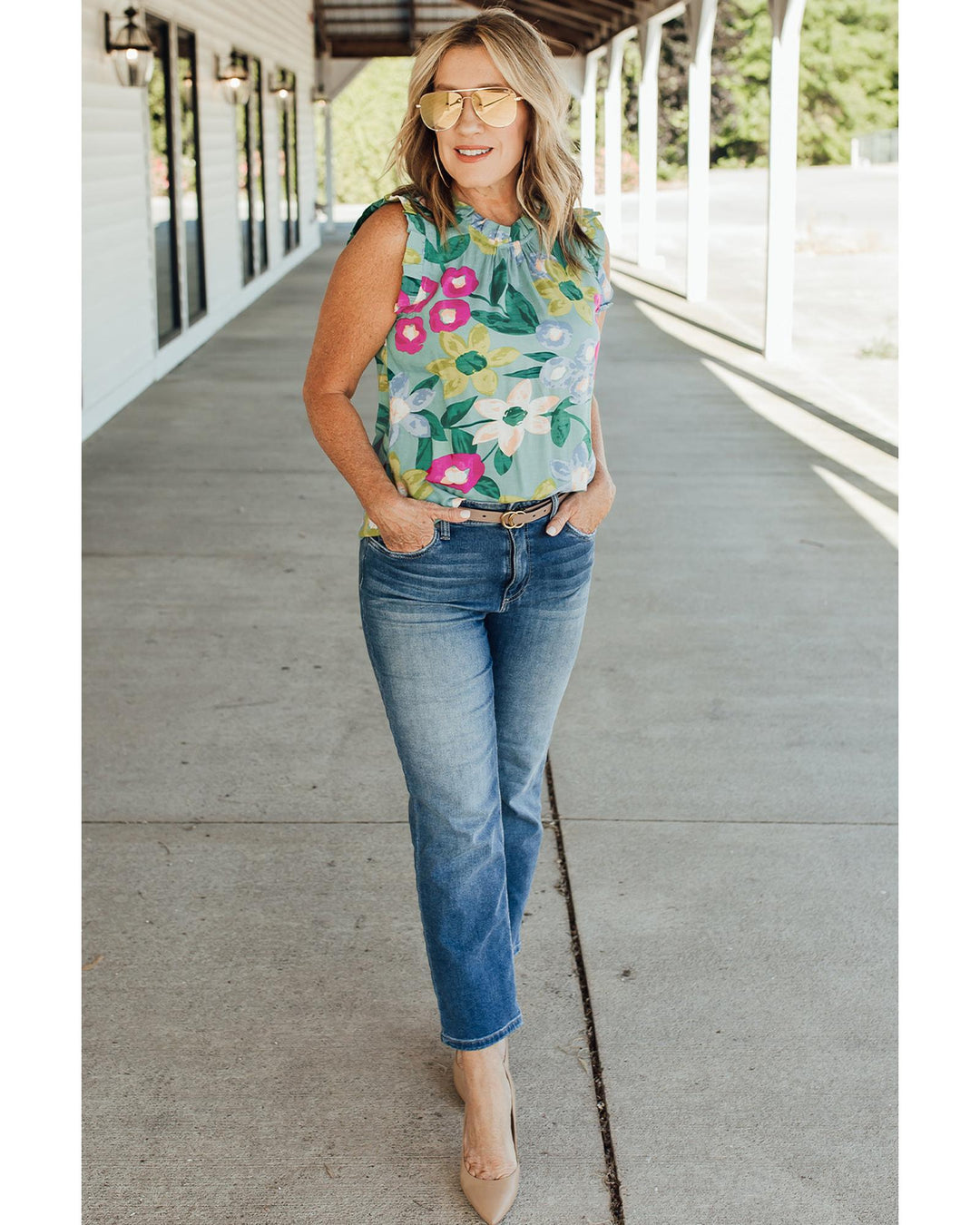 Green Floral Print Ruffle Trim Tank Top - XL