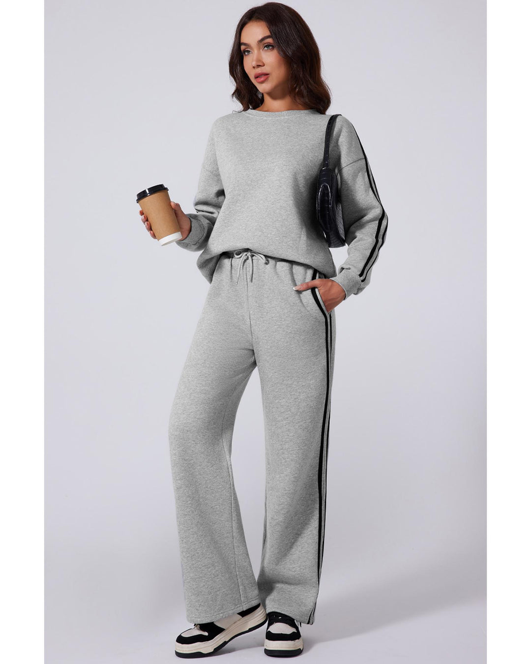Light Grey Solid Color Side Striped Sweatshirt Active Set - M