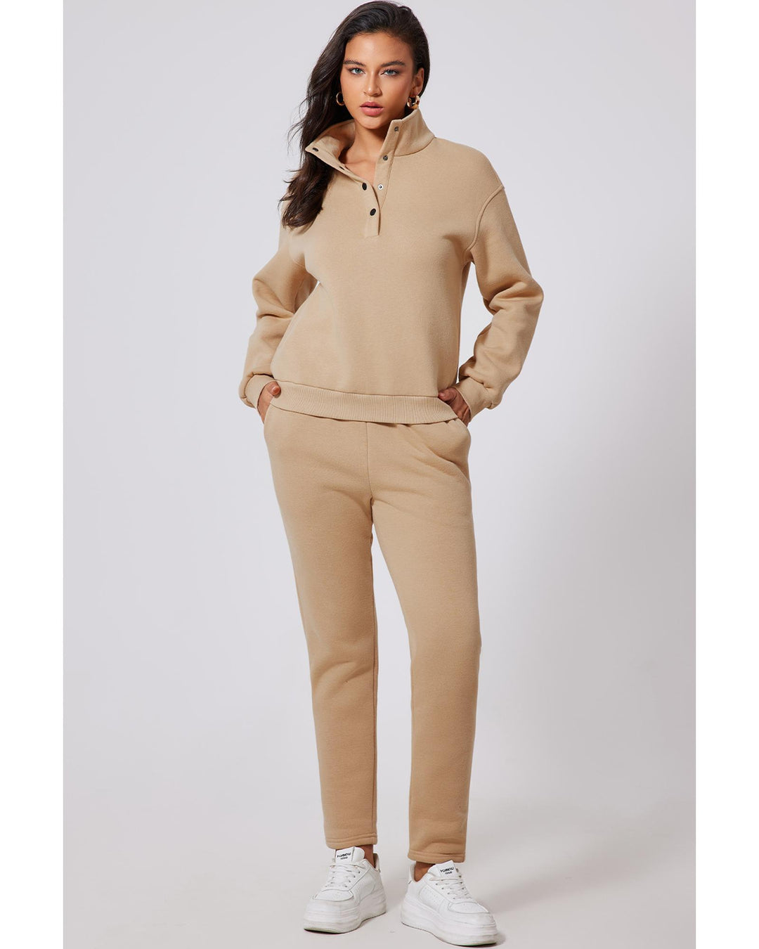 Parchment Solid Half Button Sweatshirt and High Waist Sweatpants Set - L