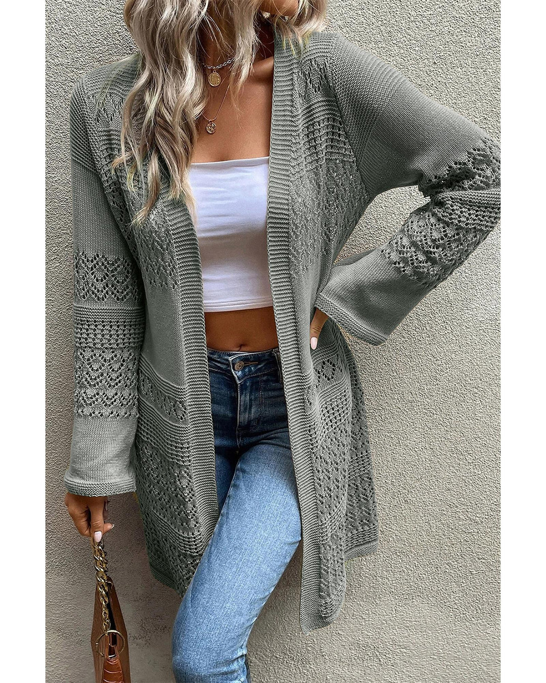 Gray Pointelle Knit Open Front Cardigan - L