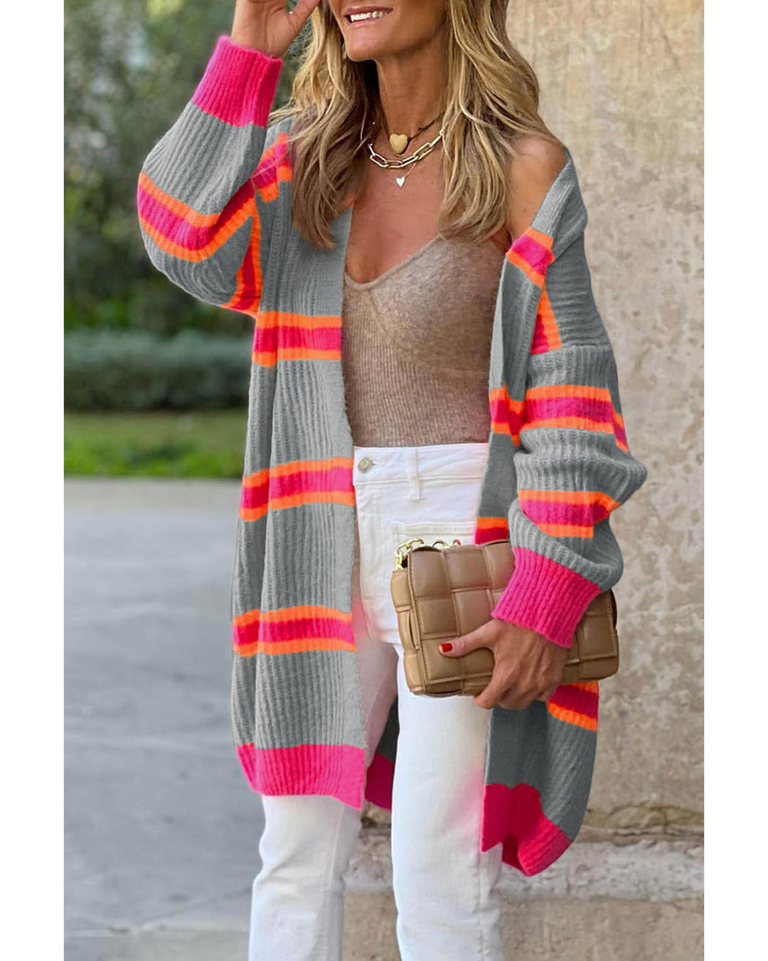 Medium Grey Stripe Printed Ribbed Long Knitted Cardigan - L