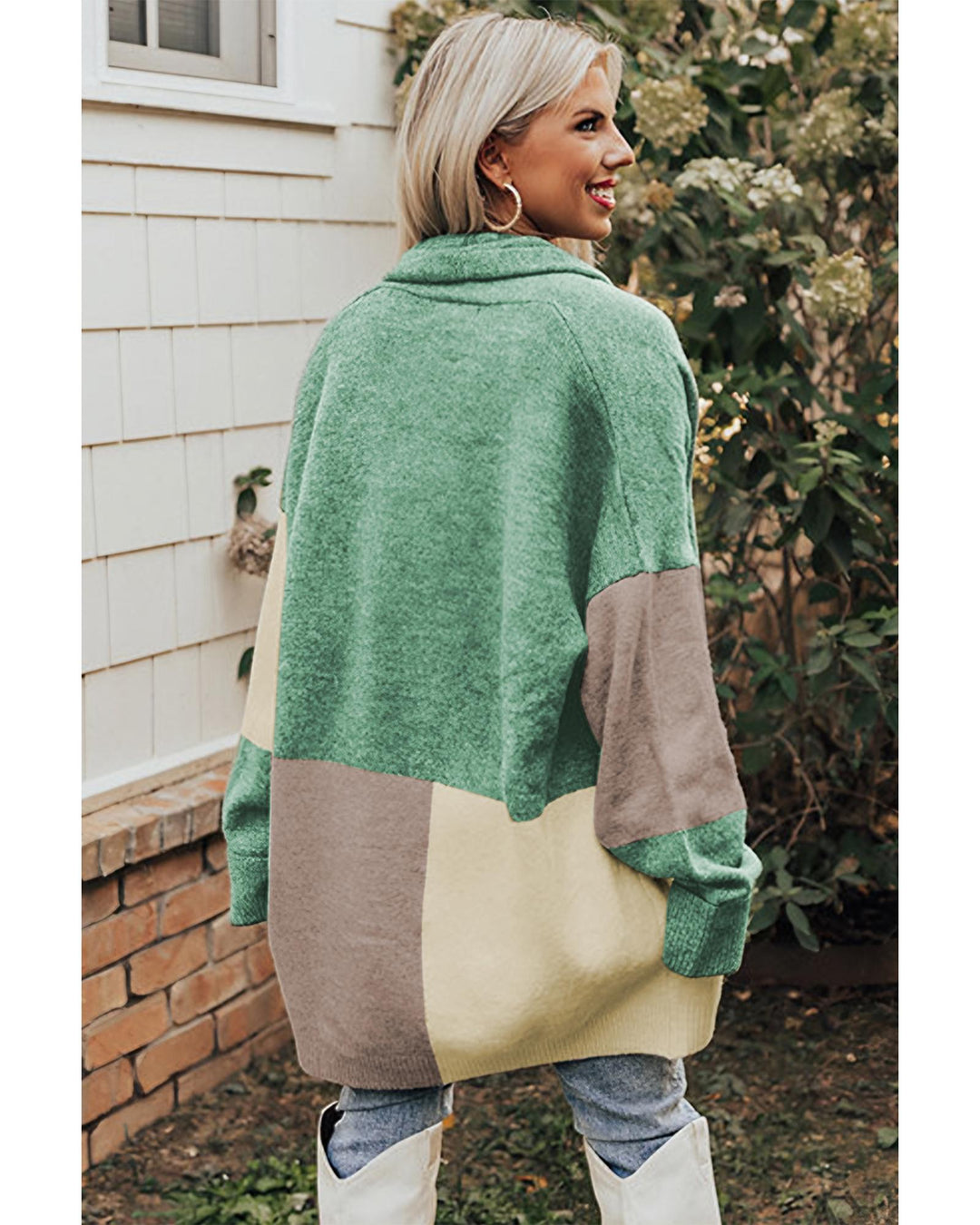 Green Colorblock Draped Open Front Chunky Cardigan - M
