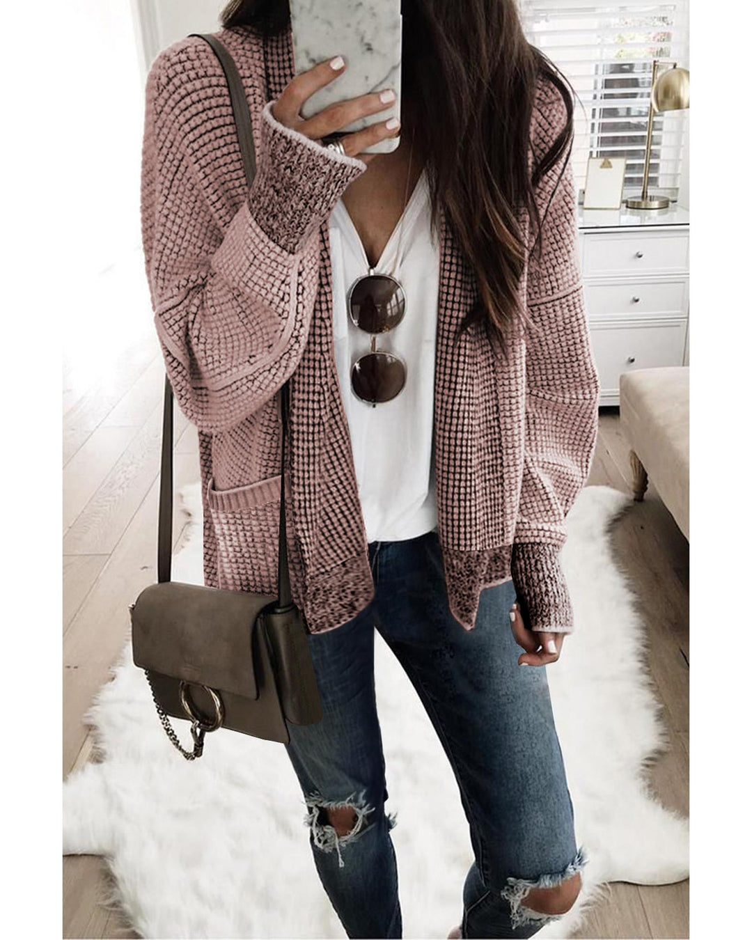 Pink Chunky Waffle Knit Oversized Collar Cardigan - XL
