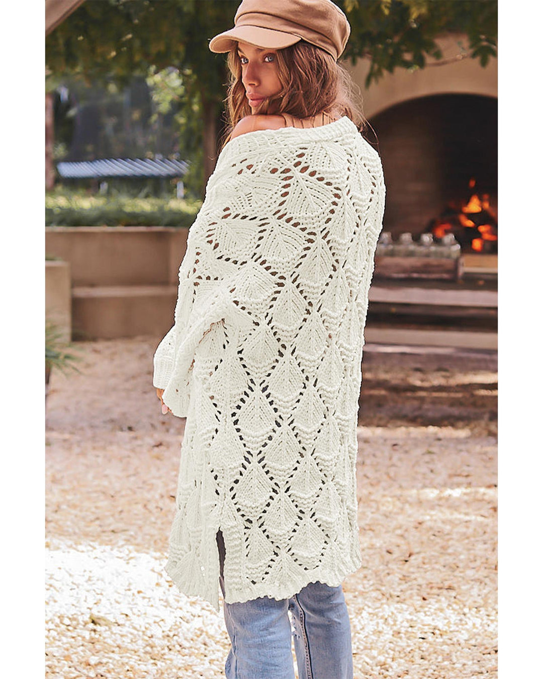 White Rhombus Hollowed Knit Open Front Cardigan - L