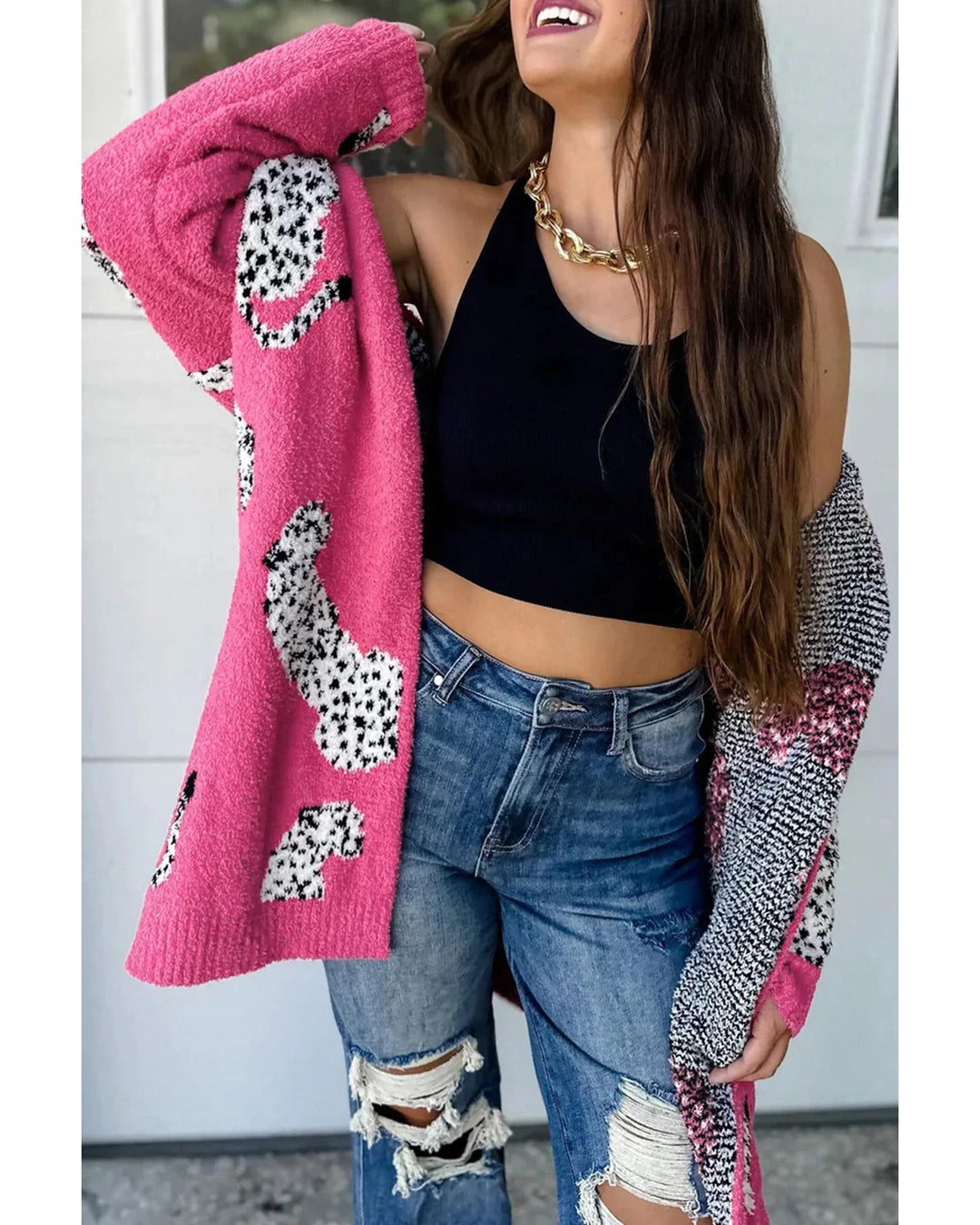 Azura Exchange Rose Red Cheetah Pattern Open Front Knitted Cardigan - M