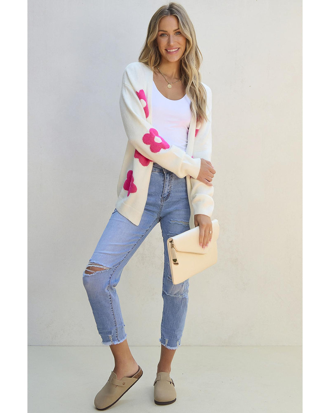 Rose Red Flower Pattern Open Front Cardigan - S