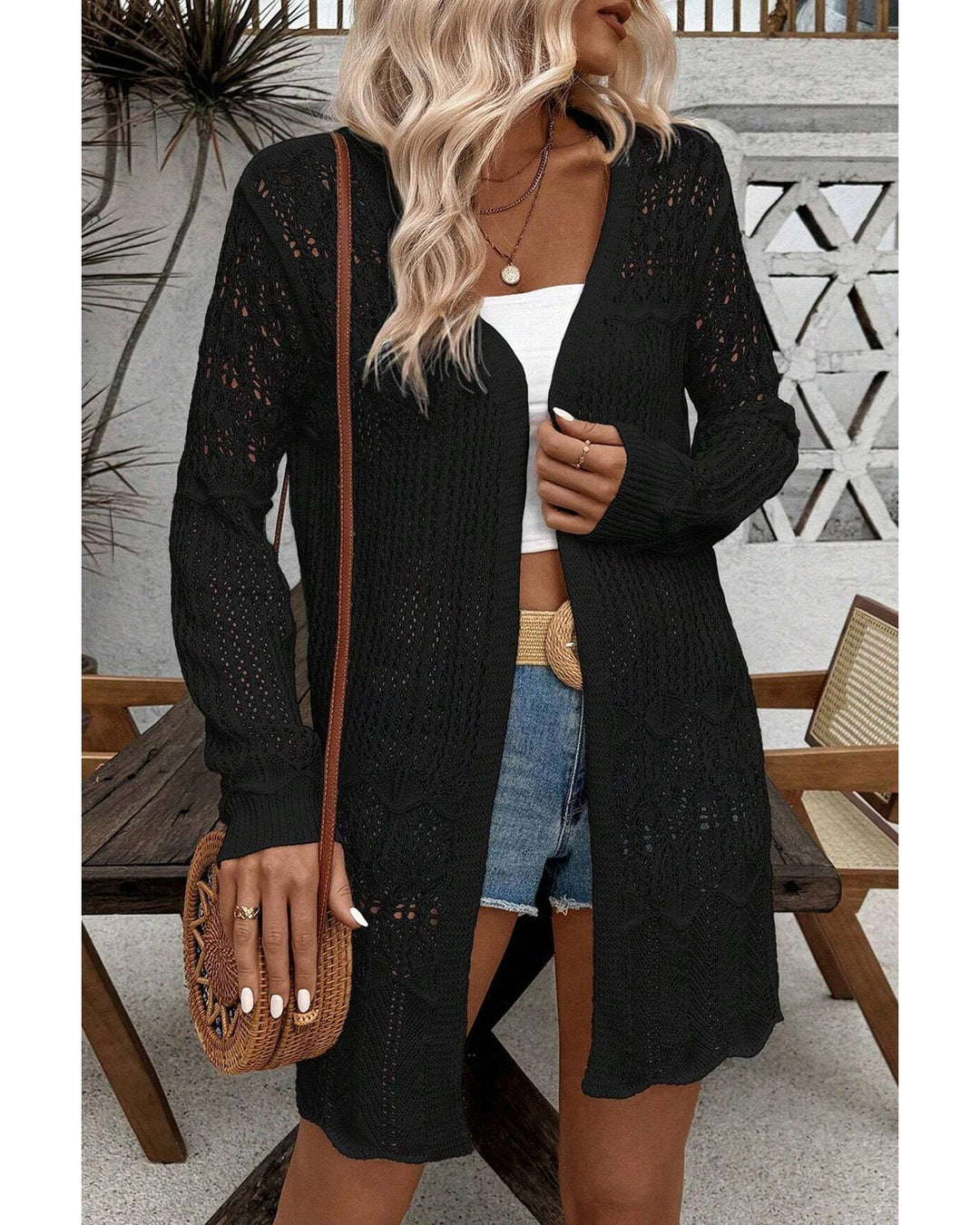 Black Crochet Hollow Out Open Front Cardigan - L