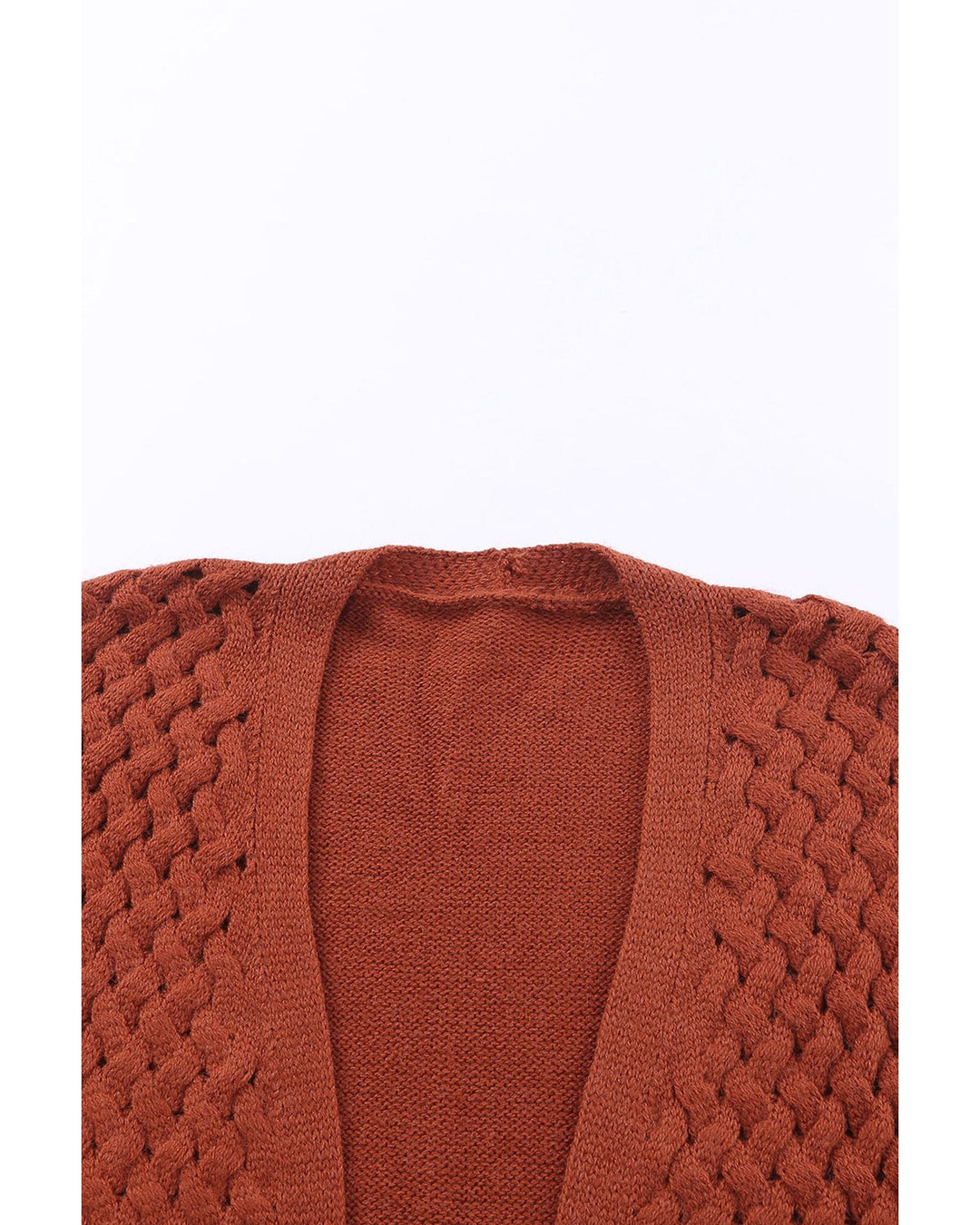 Brown Open Front Woven Texture Knitted Cardigan with Pockets - S