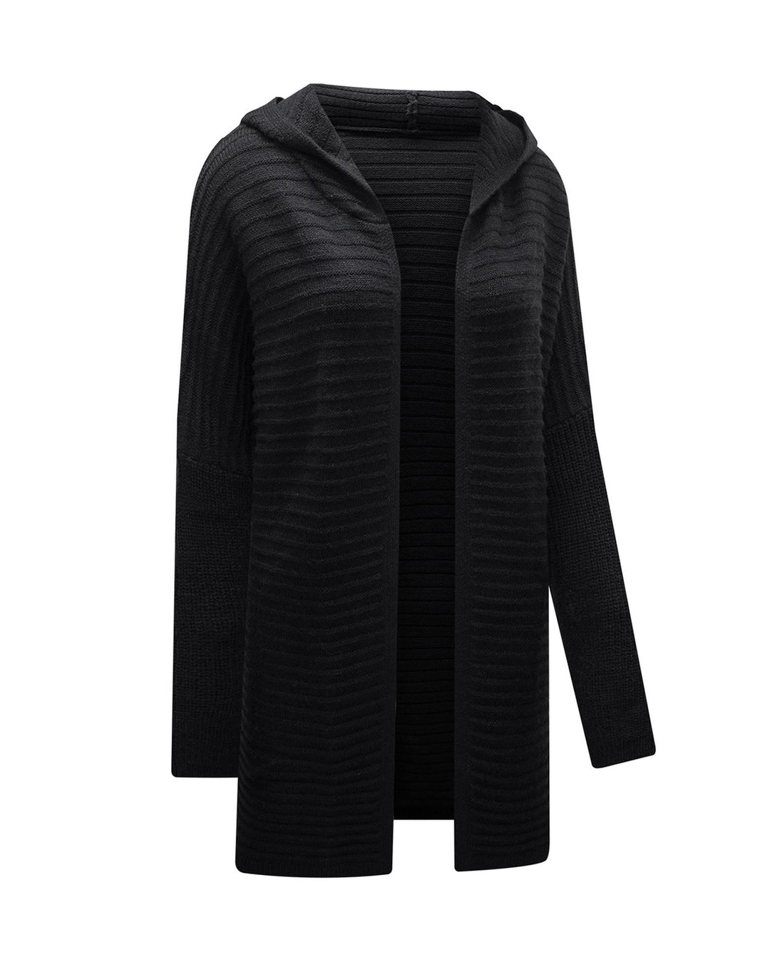 Black Horizontal Rib Knitted Open Front Hooded Cardigan - XL