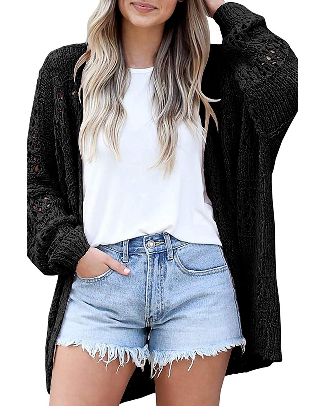 Black Casual Hollowed Knit Dolman Sleeve Cardigan - XL