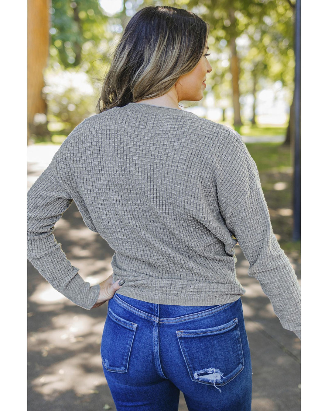 Gray Black/Pink/Gray/Khaki/Apricot Wrap V Neck Waffle Sweater - XL