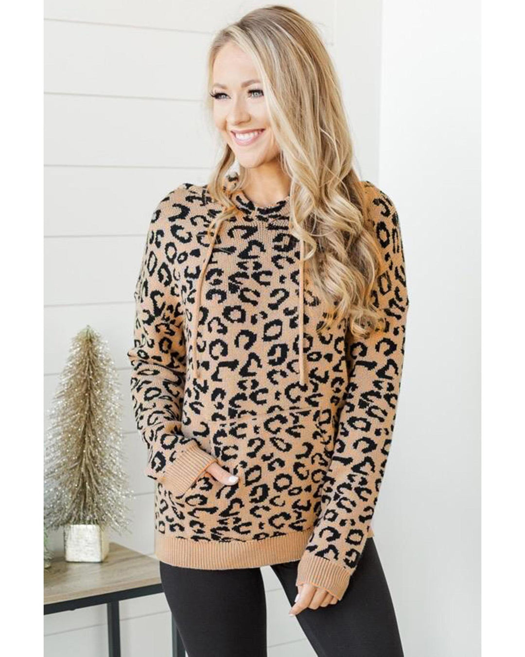 Khaki Leopard Knitted Drawstring Hooded Sweater - M