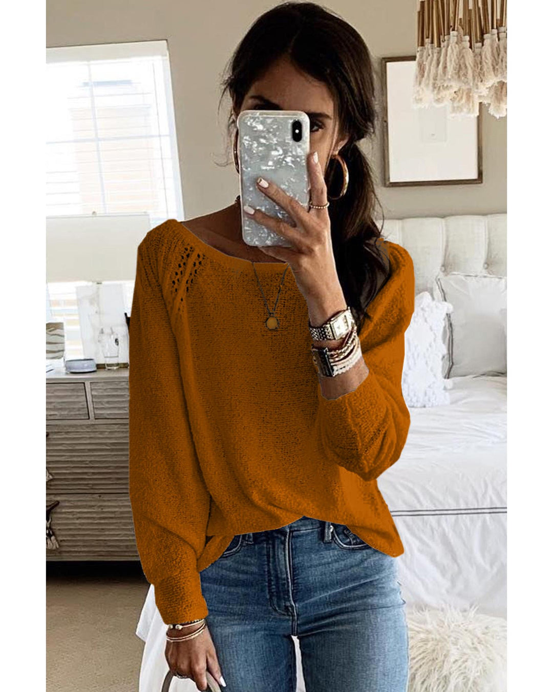 Brown Long Sleeve Cutout Shoulder Relaxed Sweater - XL