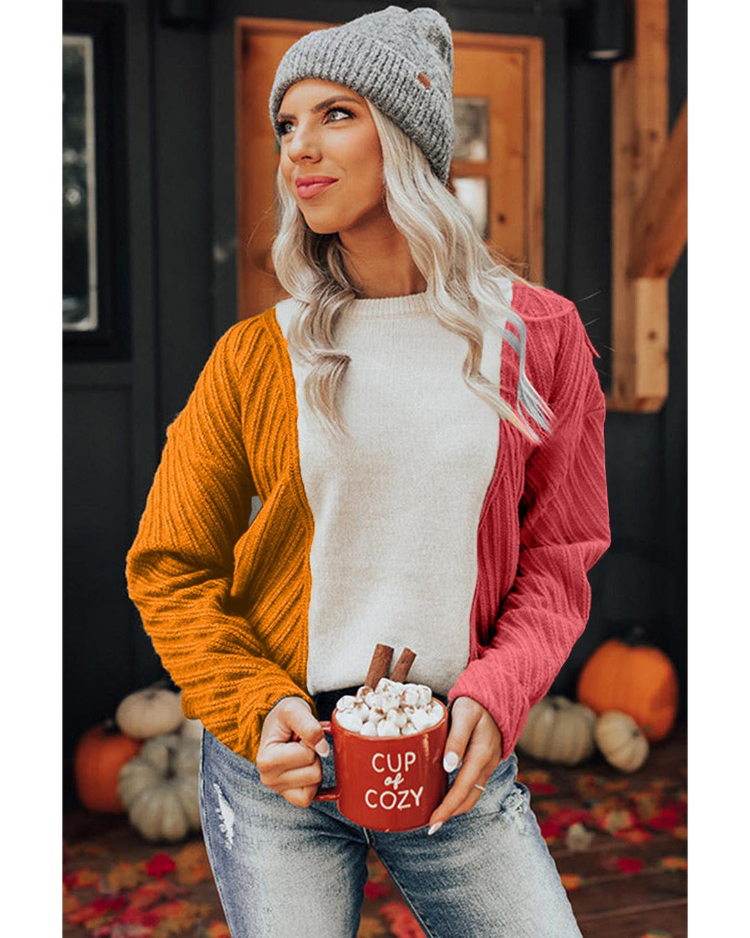 Multicolor Colorblock Textured Drop Shoulder Sweater - M