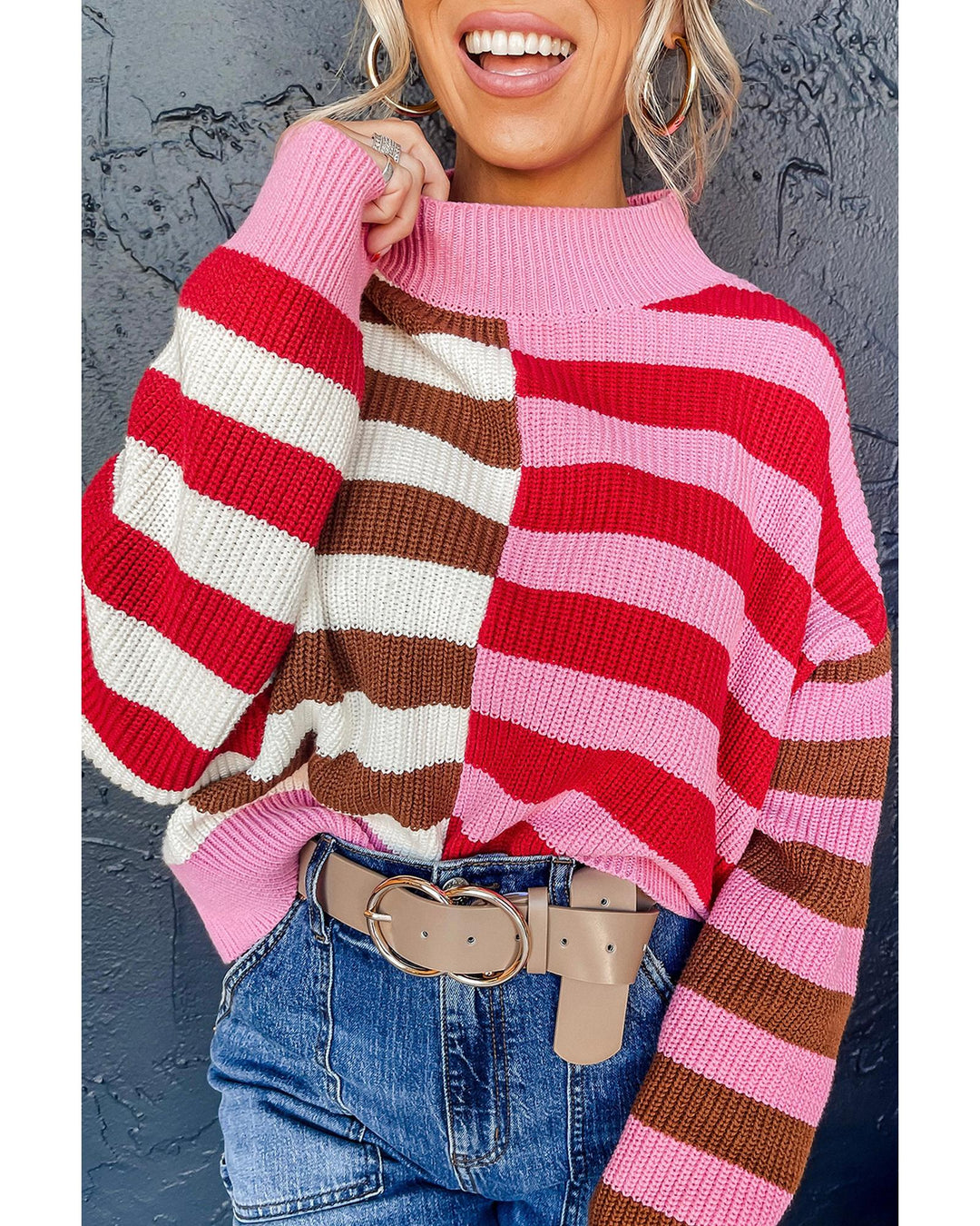 Pink Stripe Color Block High Neck Drop Shoulder Loose Sweater - XL