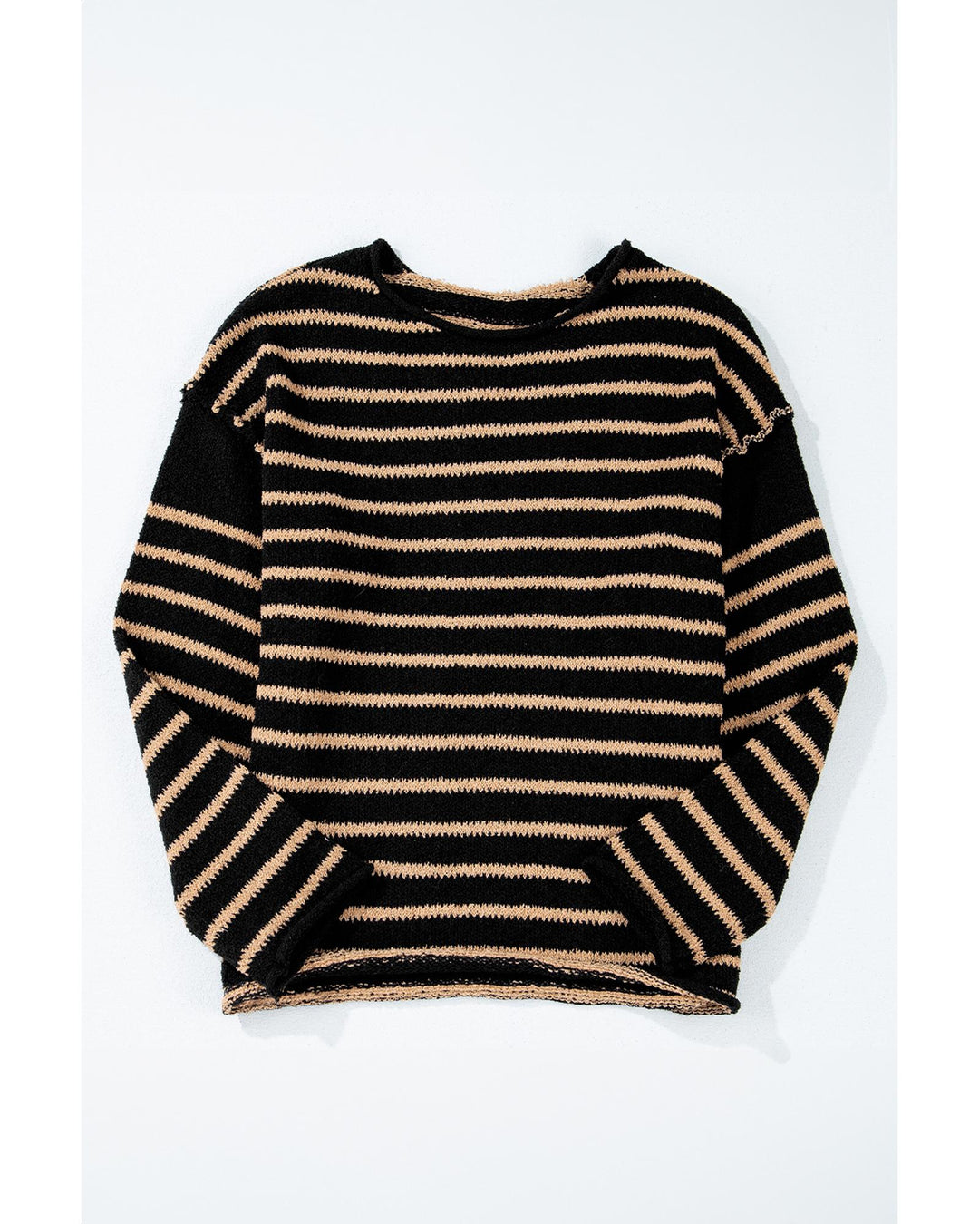 Black Stripe Drop Shoulder Round Neck Loose Sweater - L