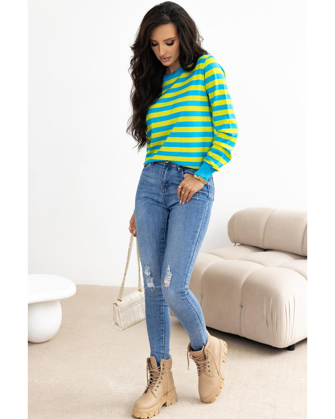 Green Stripe Crew Neck Drop Shoulder Casual Sweater - L