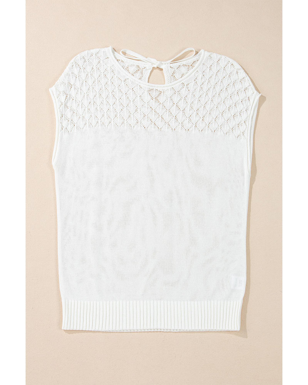 White Eyelet Knit Tied Back Short Sleeve Sweater - 2XL