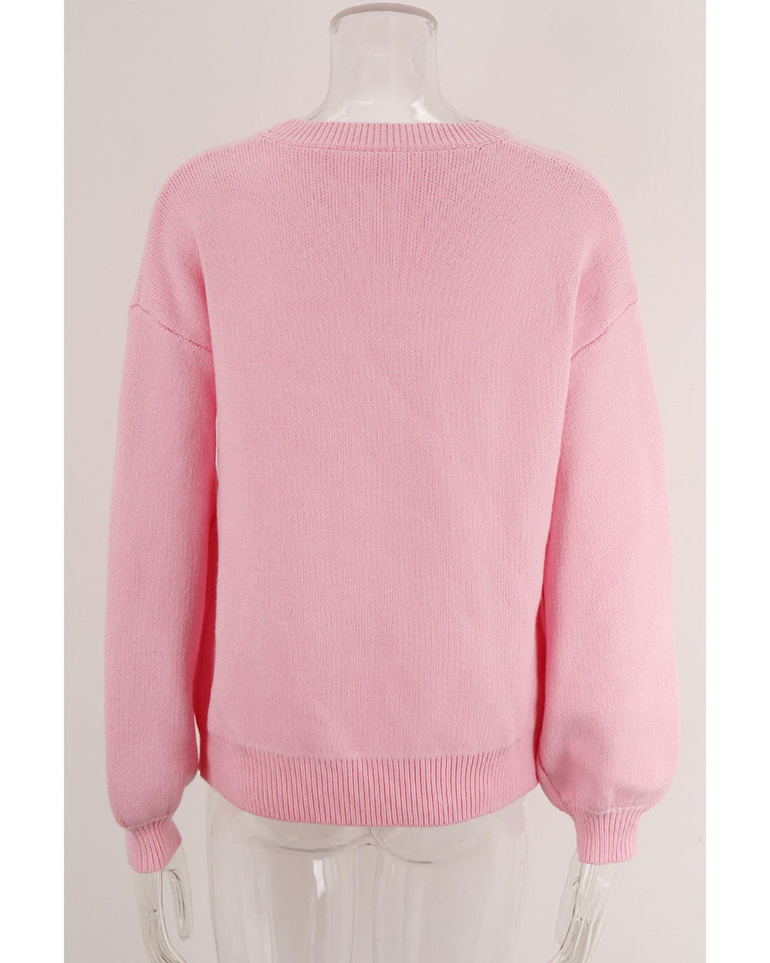Pink Bow Graphic Drop Shoulder Round Neck Sweater - L