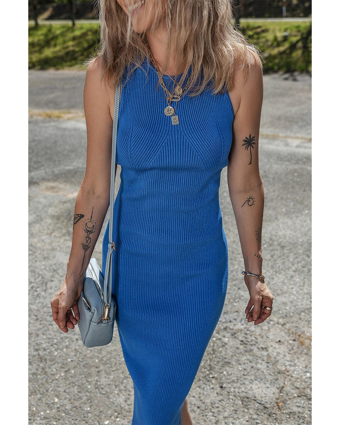 Dark Blue Solid Ribbed Knit Sheath Sleeveless Midi Sweater Dress - L
