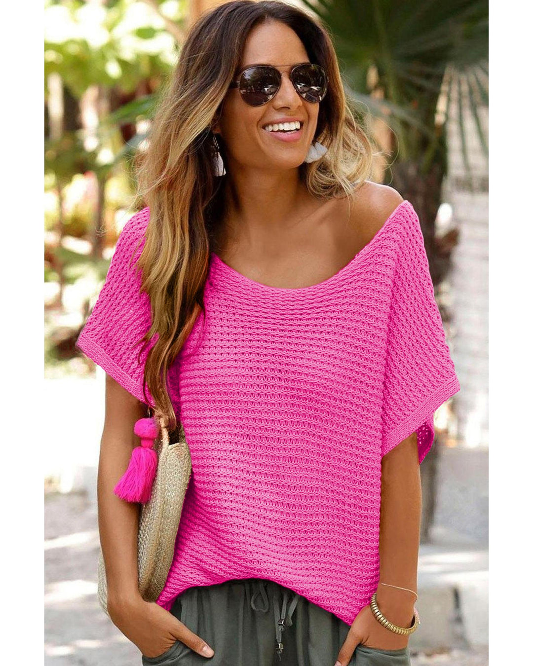Pink Solid Loose Knit Short Dolman Sleeve Sweater - L