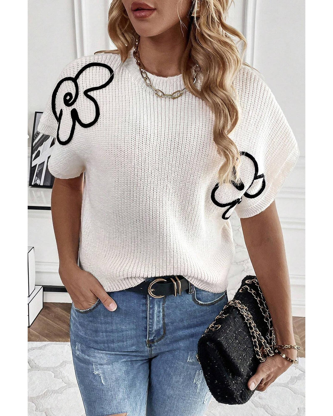 White Flower Embroidery Sweater Tee - XL