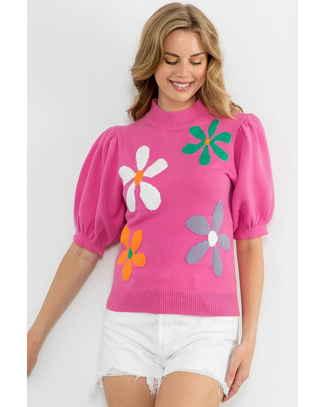 Bright Pink Floral Bubble Short Sleeve Sweater - XL