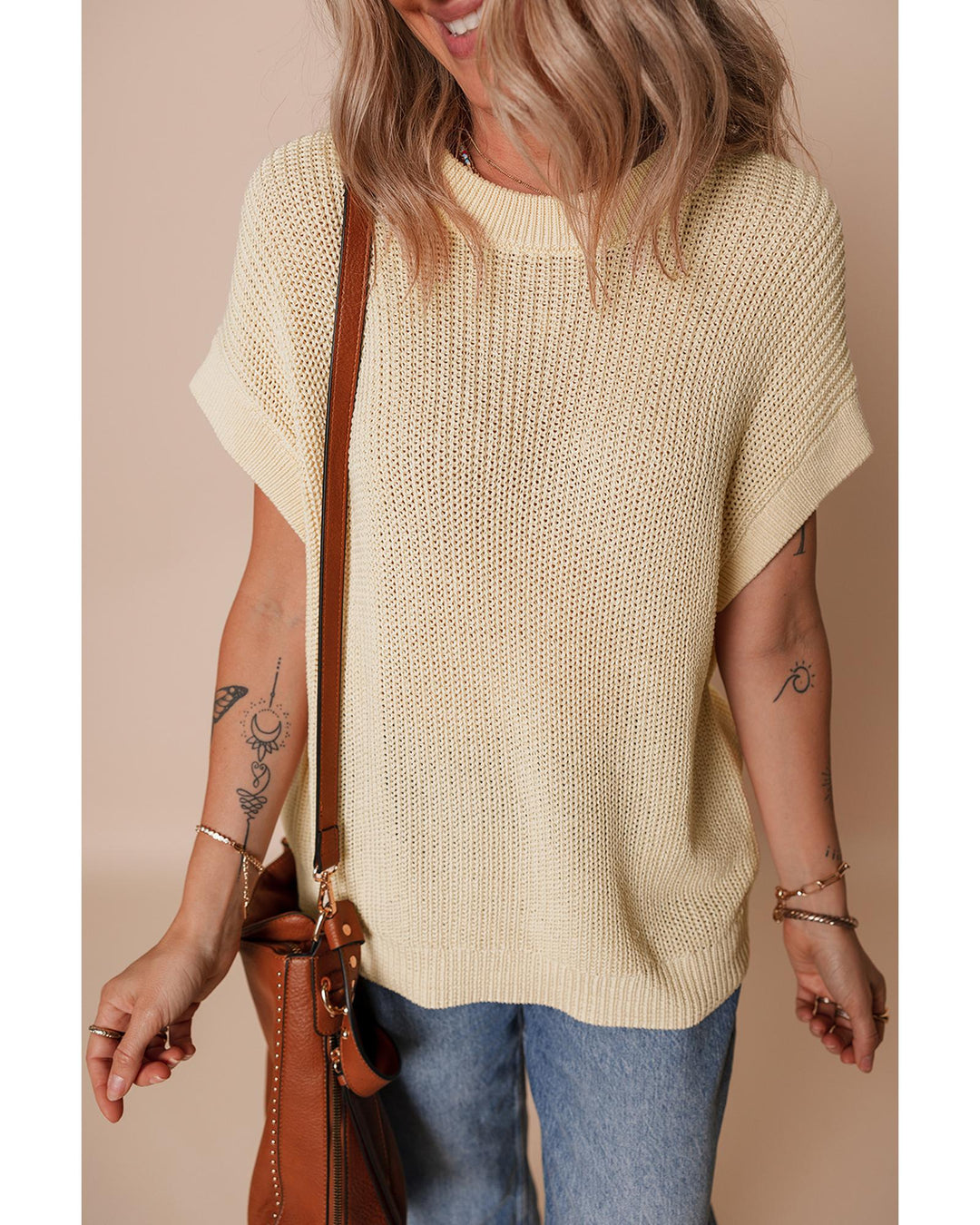 Oatmeal Solid Color Batwing Short Sleeve Round Neck Knit T Shirt - S